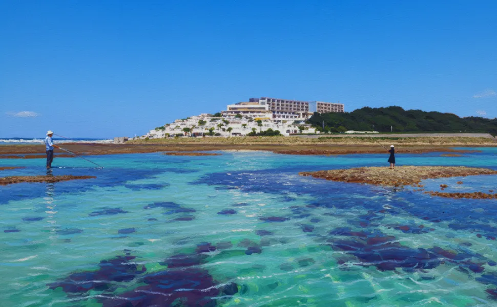 瀬長島で釣りをする風景写真